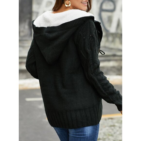 Women's Hooded Cable Knit Cardigans Winter Coat with Pockets Plus Size - Picture 2 of 6